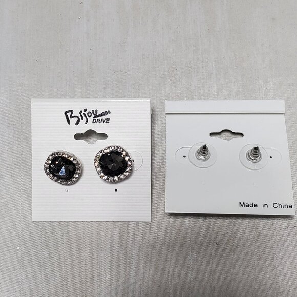 2 PRS of Bijou black gemstone and silver rhinestone earrings 1/2"  diameter - Picture 3 of 4